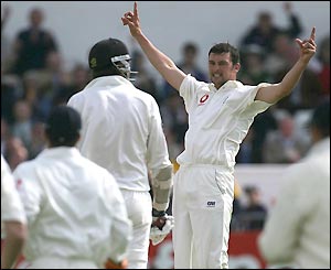Steve Harmison claims his first victim of the match as Fleming goes for 97