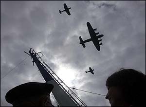 WWII veterans aboard the ferry Van Gogh watched the Battle of Britain flight led by Flight Lieutenant Jack Hawkins