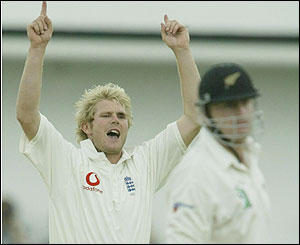 Simon Hoggard celebrates after claiming the wicket of Scott Styris 