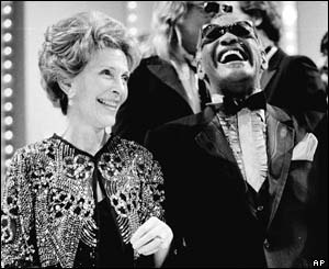 Nancy Reagan laughs with Ray Charles