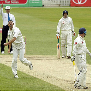 James Franklin celebrates after dismissing Graham Thorpe
