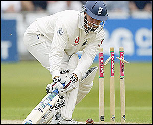 Martin Saggers is bowled out by Chris Cairns