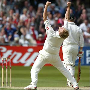 Andrew Flintoff celebrates the wicket of Nathan Astle