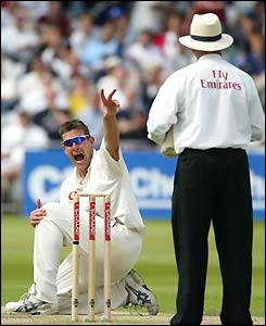 Ashley Giles appeals for the wicket of Mark Richardson