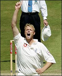 Andrew Flintoff celebrates taking James Franklin's wicket