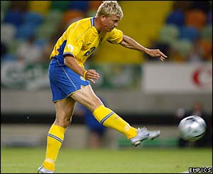 Sweden's Marcus Allback seals the match with a fifth goal