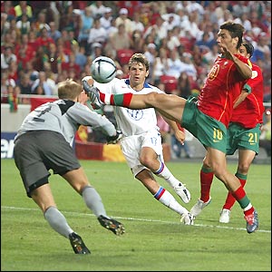Portugal 's Rui Costa scores the second goal to wrap up a 2-0 victory over Russia