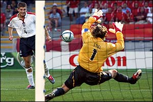 Steven Gerrard scores England's third goal in the 82nd minute