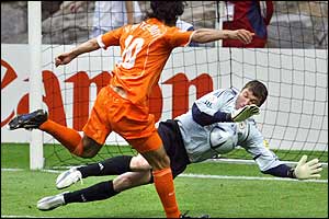 Dutch striker Ruud van Nistelrooy is foiled by Aleksandrs Kolinko