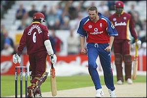 Steve Harmison of England celebrates taking the wicket of Shivnarine Chanderpaul of the West Indies