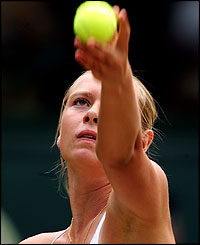 Maria Sharapova of Russia serves during the ladies final match against Serena Williams 