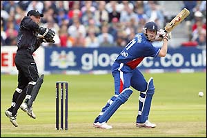 Andrew Flintoff scores a four as he steadies the England innings