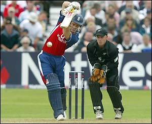 Andrew Strauss enjoys a good innings before being caught by Nathan Astle for 61