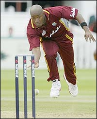 West Indies Tino Best runs out Gareth Hopkins