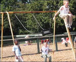 Gary Reardon leaps off the swings at Rhyd-Y-Penau Park in Llanishen (Ade Morris) 