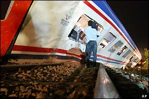 Cameraman filming wrecked train
