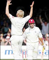 Matthew Hoggard celebrates claiming the third WI wicket of the day as he traps Sarwan LBW