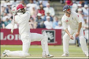 In a devastating spell Andy Flintoff removes three WI tailenders as they are 416 all-out - 152 runs behind England