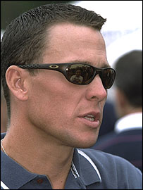 Lance Armstrong, recovering from testicular cancer, visits the Tour de France during stage nine between Pau and Loudenvielle