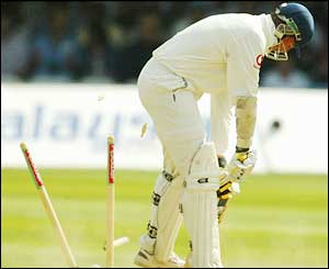 Marcus Trescothick is comprehensively bowled by a full ball five runs short of his 50