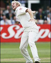 Matthew Hoggard celebrates taking the wicket of Ramnaresh Sarwan for the second time in the match