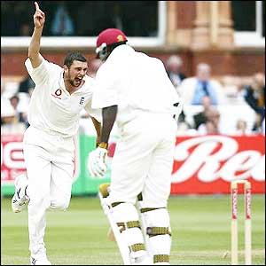 Steve Harmison wheels away in celebration as Gayle's stumps are smashed by a perfect yorker
