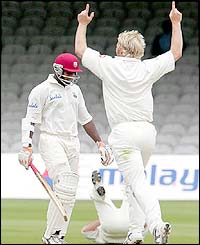 Matthew Hoggard takes the wicket of Ridley Jacobs