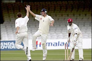 Steve Harmison and Robert Key celebrate the dismissal of Omari Banks