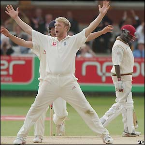 Andrew Flintoff celebrates his only wicket of the innings