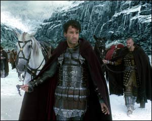 The computer supplies the moutainous backdrop and gives the actors a more wintry feel.