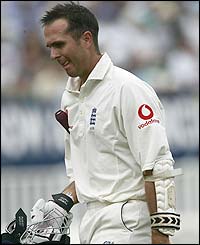 Michael Vaughan returns to the pavilion after