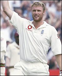 Andrew Flintoff celebrates his century