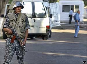 An Uzbek soldier stands guard outside the Israeli Embassy