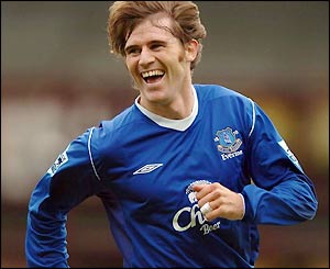 Kevin Kilbane shows his delight at putting Everton in front