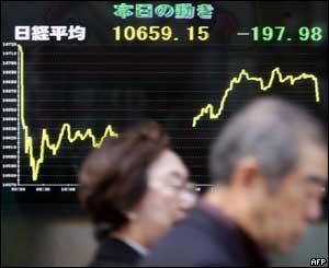 People walk past an electronic quotation board flashing the Nikkei index, 25/10/04