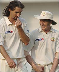 Australia's pacemen Gillespie and Brett Lee share a joke