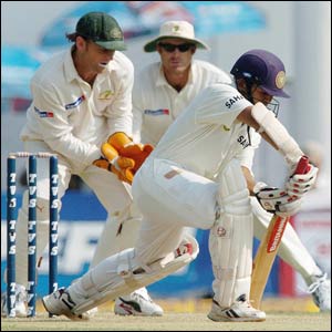 India's Partiv Patel (r) is caught by Matthew Hayden (c) off Shane Warne's bowling 