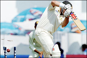 Matthew Hayden is bowled by Zaheer Khan leaving Australia's second innings on 19-1