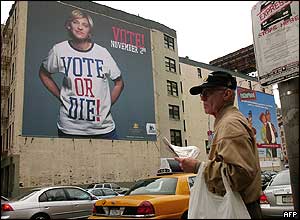 Banner in New York of actress Ellen DeGeneres urging citizens to vote