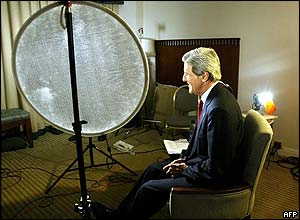Democratic presidential candidate John Kerry waits to do a live interview in Boston, Massachusetts
