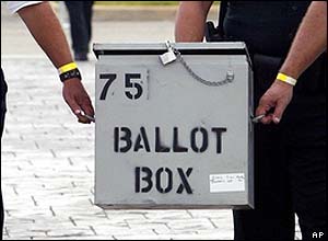 Officials carrying a ballot box in West Palm Beach, Florida