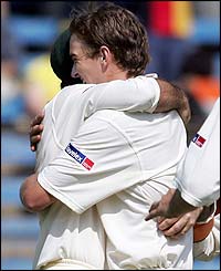 Australia's captain Ricky Ponting congratulates Nathan Hauritz