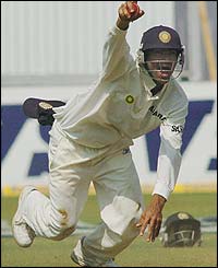 Kaif claims a sharp catch at short leg to remove Matthew Hayden