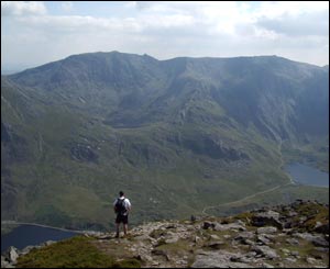 Taken by Guto Roberts from the peak of Pen yr Ole Wen, overlooking Llyn Ogwen, with Tryfan and the Glyderau in the background