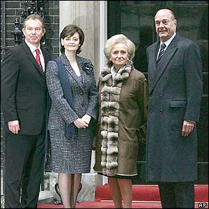 Mr and Mrs Blair, and Mr and Mrs Chirac on the steps of 10 Downing Street