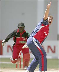 Darren Gough of England appeals for the wicket of Stuart Matsikinyeri