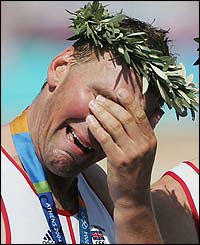 Pinsent breaks down after claiming his fourth Olympic gold at the Athens Games