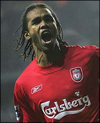 Liverpool's Florent Sinama Pongolle celebrates
