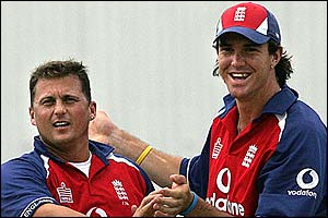 Gough is congratulated by Kevin Pietersen