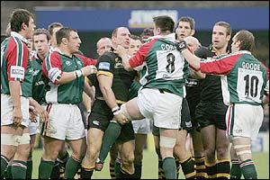 Wasps' Lawrence Dallaglio and Leicester's Martin Corry